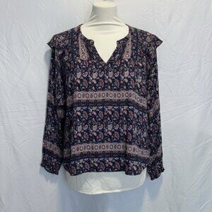 Wonderly Brown and Blue Paisley Pattern V-Neck Long Sleeve Top; 3x